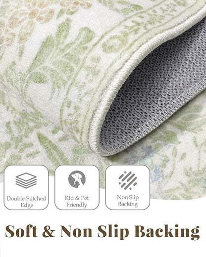Lunasun Sage Green Long Bedroom Bedside Runner Rugs, 2x6 Non Slip Boho Floral Throw Rug for Kitchen, Hallway, Indoor Entrance, Foyer, Bathroom - Farmhouse Thin Front Door Low Pile Mat