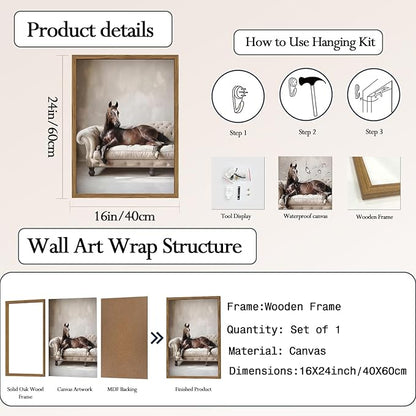 Framed Funny Horse Canvas Wall Art, Vintage Western Brown Horse On Sofa Pictures Wall Decor, Rustic Farmhouse Animal Paintings Prints for Living Room Bedroom Office Dorm 16x24 inch