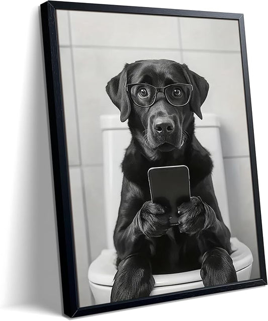 Black and White Bathroom Wall Art, Funny Labrador Dog Canvas Prints Poster, Cute Animal Sitting on Toilet Looking at Phone Picture, Modern Farmhouse Restroom Bathroom Home Wall Decor 16x24 Inch Framed