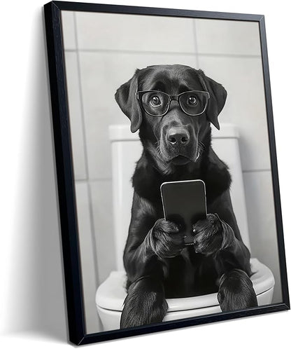 Black and White Bathroom Wall Art, Funny Labrador Dog Canvas Prints Poster, Cute Animal Sitting on Toilet Looking at Phone Picture, Modern Farmhouse Restroom Bathroom Home Wall Decor 12x16 Inch Framed