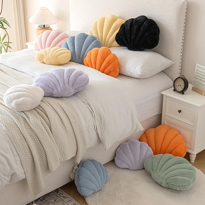 Shell Pillow, Seashell Throw Pillow with Soft Rabbit Plush for Couch Bed, Shell Shaped Decorative Ocean Pillow Stylish Beach Cushion Room Aesthetic Home Decor (Black, 18 X 13 Inches)