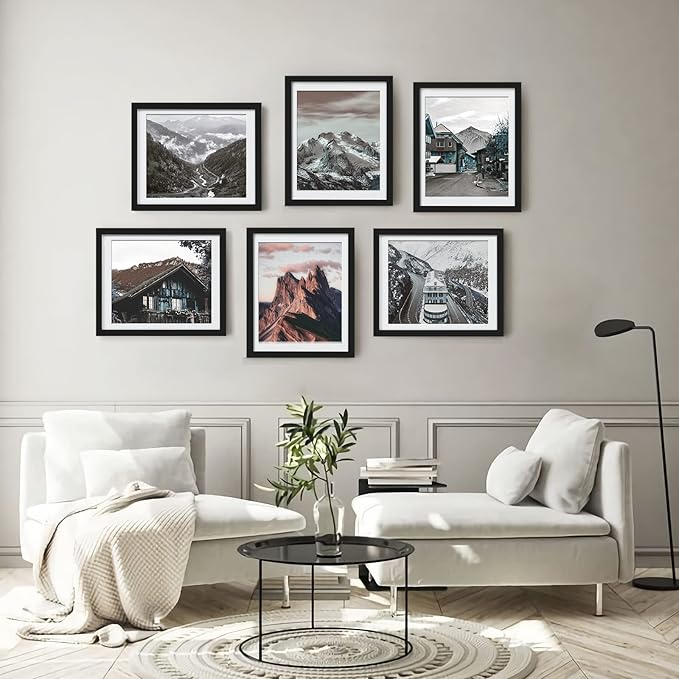 12x16 Picture Frames Set of 6 with Plexiglass, Display Pictures 11x14 with Mat or 12x16 Without Mat for Tabletop Display and Wall Mounting，Black