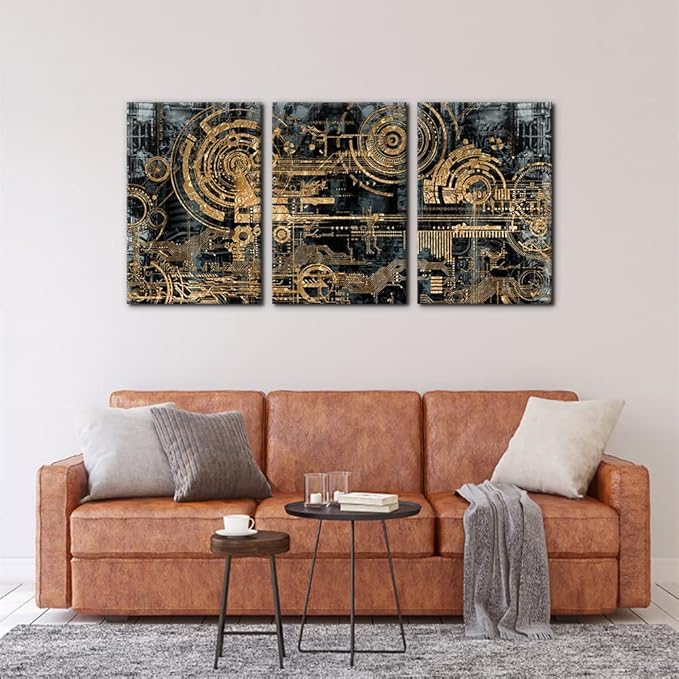 Pacimo 3 Pieces Abstract Canvas Wall Decor Electronic PC Motherboard Circuit Collage Abstract Technology Digital Art Modern Artwork Alternative Urban Shapes Framed Wall Art - 16"x24"x3 Panels