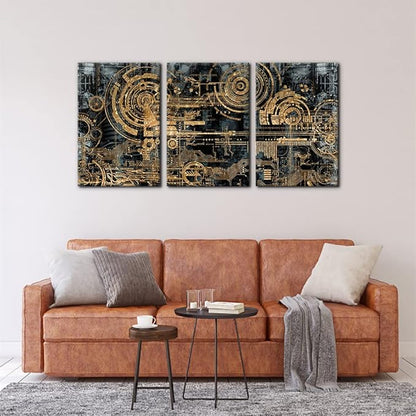 Pacimo 3 Pieces Abstract Canvas Wall Decor Electronic PC Motherboard Circuit Collage Abstract Technology Digital Art Modern Artwork Alternative Urban Shapes Framed Wall Art - 16"x24"x3 Panels