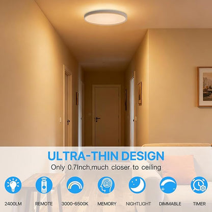 Dimmable LED Flush Mount Ceiling Light Fixture with Remote Control, 24W 2640LM, 12Inch, 2000K Warm Night Light & 3000K-6500K, Modern Super Slim Ceiling Lamp for Bedroom Kitchen, White, 1 Pack