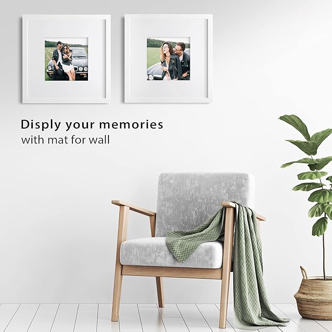 Egofine 14x14 White Picture Frames Set of 2, Matted to Fit 8x8 Pictures or 14x14 Pictures without Mat Covered by Plexiglass Wooden Square Photo Frame Poster Frame for Wall Hanging White