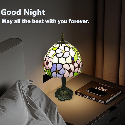 Tiffany Style Table Lamp, 3 Color Temperatures Bedside Lamp, 8 Inch Stained Glass Desk Light for Home Office Bedroom Living Room (Four-Leaf Flower Pattern)