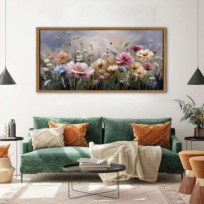 Vintage Framed Canvas Wall Art Pink Wildflower Picture for Living Room Extra Large Countryside Medow Scenery Painting Print Modern Artwork Farmhouse Abstract Flower Poster Office Home Decoration 35x70