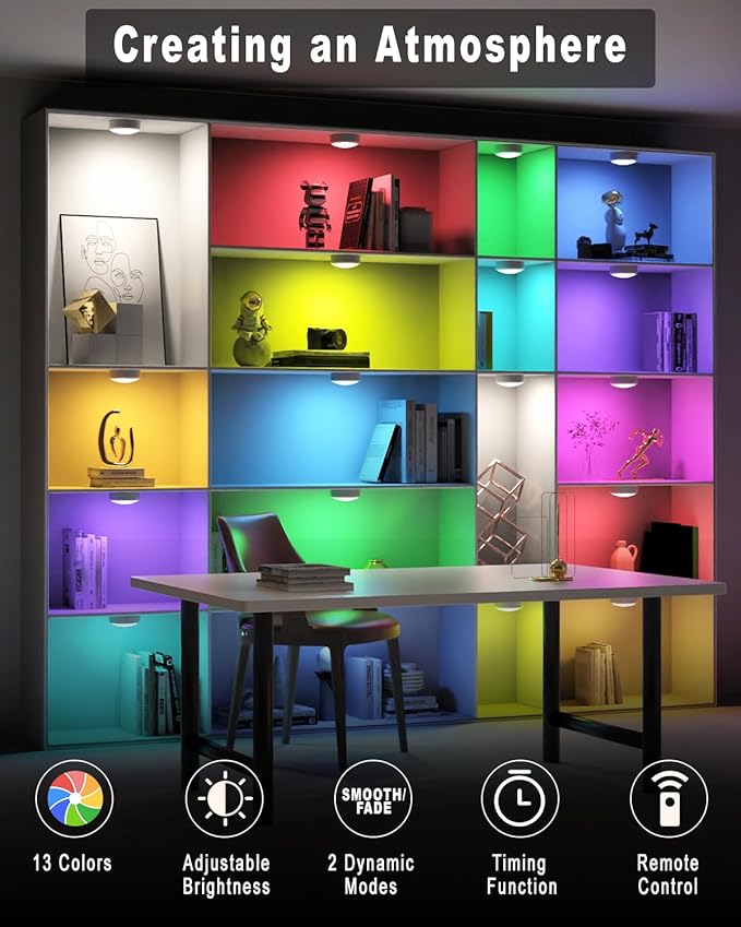 HELPLEX LED Puck Lights with Remote, 6 Pack Color Changing RGBW, Battery Powered Under Cabinet Lighting, Dimmable with Timer & Memory, Stick-On Wireless Light with 18 AA Batteries Included