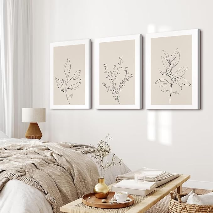 Joocrise Botanical Wall Art Decor Neutral Wall Decor Boho Beige Canvas Wall Art Botanical Minimalist Pictures Neutral Prints Beige Posters Boho Artwork for Room Bedroom 24x36x3 Inch Wrapped Canvas