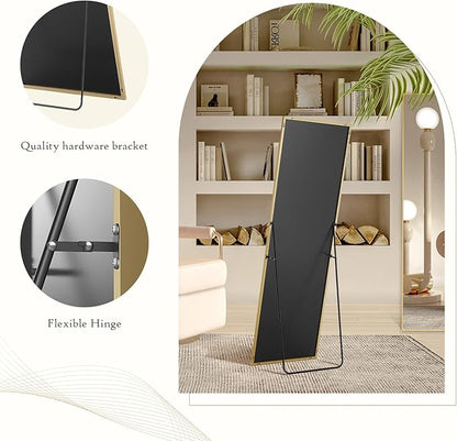 Mirror Full Length, Upgraded 21"x64" Body Wall Mirrors with Shatter-Proof Glass, Floor Standing, Hanging or Leaning, Tall Mirror with Stand Aluminum Alloy Frame for Bedroom, Gold
