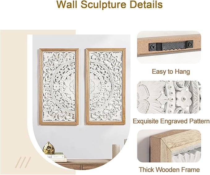 AHUONEL 2 Panel Wall Art Decor Wall Sculpture, Carved Wood Wall Decor Wall Hanging Decor, Rustic Farmhouse Wall Decor for Living Room Bedroom Entryway Hall Office Home Decor, 23"x11.5"