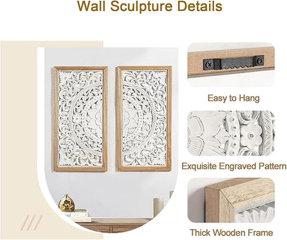 AHUONEL 2 Panel Wall Art Decor Wall Sculpture, Carved Wood Wall Decor Wall Hanging Decor, Rustic Farmhouse Wall Decor for Living Room Bedroom Entryway Hall Office Home Decor, 23"x11.5"