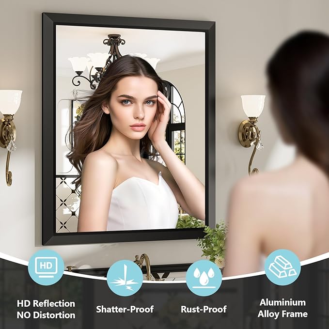 20x30 Inch Black Bathroom Mirror for Wall, Beveled Framed Rectangle Bathroom Vanity Mirrors for Over Sink, Bedroom, Living Room, Entryway, Anti-Rust, HD Tempered Glass, Horizontally/Vertically