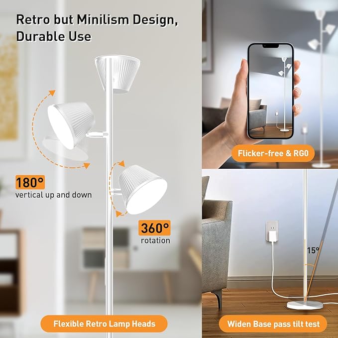 White 42W Tree Floor Lamp, 4200LM Super Bright LED Floor Lamps for Living Room with Remote & Touch Control, 3 Rotatable Lights 4 Color Temperatures, Modern Tall LED Standing Lamp for Bedroom Office