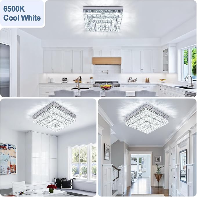 11.8" Crystal Chandelier LED Crystal Flush Mount Ceiling Light Modern Chandeliers Square Ceiling Light for Bedrooms Hallway Kitchen Office (6500K Cool White) Without Remote Control