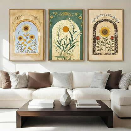 ANHUIB Vintage Boho Floral Wall Decor 16x24 Inch Bohemian wall art Botanical Wall Art Earthy Sunflower Illustration Set of 3 for Living Room Bedroom Office