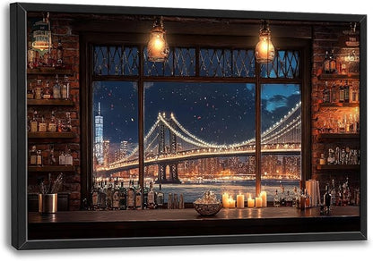 Brooklyn Bridge Large Wall Art for Living Room New York Nighttime Skyline Landscape Framed Pictures Canvas Decor City Prints Painting Extra Large Modern Artwork for Bedroom Office Kitchen 24"x36"