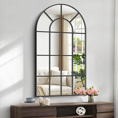 Arched Mirror, 30"x55" Arch Window Mirror, Black Frame Window Pane Wall Decor, Large Wall Mounted Decorative for Living Room Bedroom Entryway Hanging or Leaning Against
