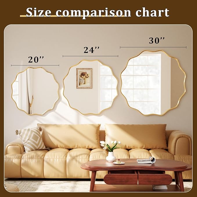 24 Inch Scalloped Round Wall Mirror, Gold Wavy Edge Frame Circle Mirror for Bathroom, Bedroom, Entryway, Living Room for Wall Decor