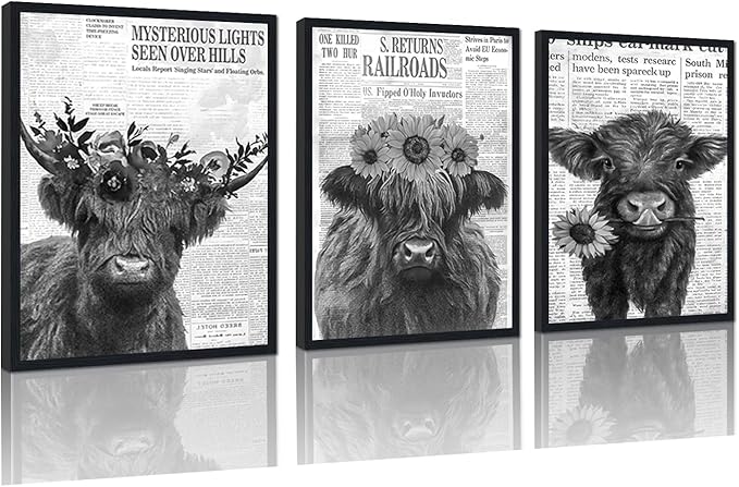 Retro Funny Cow 3 Piece Canvas Wall Art Vintage Newspaper Hairy Cow Poster Rustic Farmhouse Floral Animal Framed Wall Decor for Kitchen Bedroom Country House Decor Easy to Hand 12x16inchx3pcs