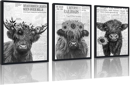 Retro Funny Cow 3 Piece Canvas Wall Art Vintage Newspaper Hairy Cow Poster Rustic Farmhouse Floral Animal Framed Wall Decor for Kitchen Bedroom Country House Decor Easy to Hand 12x16inchx3pcs