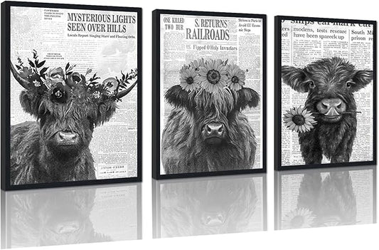 Retro Funny Cow 3 Piece Canvas Wall Art Vintage Newspaper Hairy Cow Poster Rustic Farmhouse Floral Animal Framed Wall Decor for Kitchen Bedroom Country House Decor Easy to Hand 12x16inchx3pcs