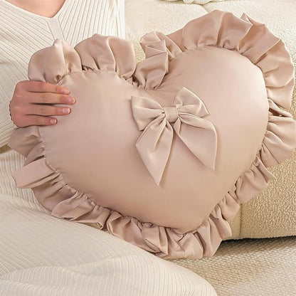 MOJUN Heart Pillow, Cute Soft Heart Shaped Throw Pillow Ruffle Love Bow Pillow Decorative Pillows Cushion for Couch Sofa Living Room Bed Chair Wedding Gifts Pillows, Champagne