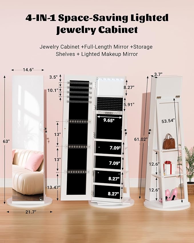 6 LEDs Jewelry Armoire with Frameless Full-Length Mirror, 360° Swivel Jewelry Cabinet Standing with 3 Back Shelves, Jewelry Organizer with Storage Lockable for Women Gift, White