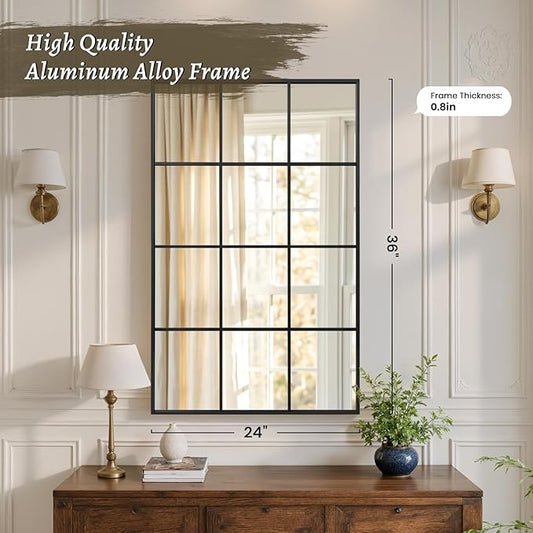 Anpark Windowpane Wall Mirror 24"x36" Black Wall Mounted Art Pane Mirror Farmhouse Decorative Mirror Leaning Hanging Wall Mirror for Bedroom Living Room Entrance Hallway Wall Decor