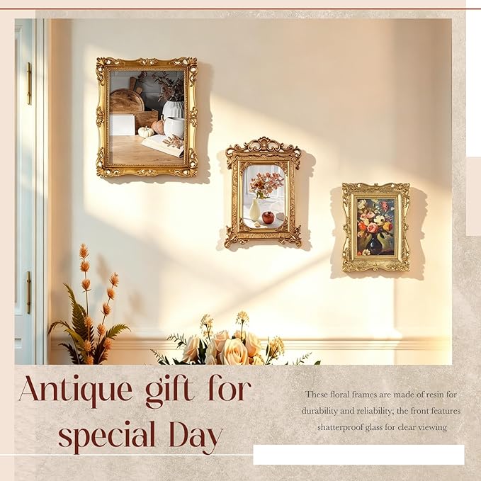 Wonderjune 5 Pcs Large Vintage Picture Frames Set with Glass Front Antique Gold Gallery Wall Frames 11x14, 8x10, 7x9, 4x6, Baroque for Home Decor Photography Props Gifts, Wall or Tabletop