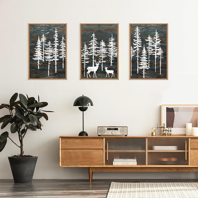 Modern White Forest Framed Canvas Wall Art Set, Minimalist Woodland Art Painting, Retro Tree Landscape Wall Decor, Wildland Deer Artwork for Living Room, Dining Room, Office-24 x36 x3