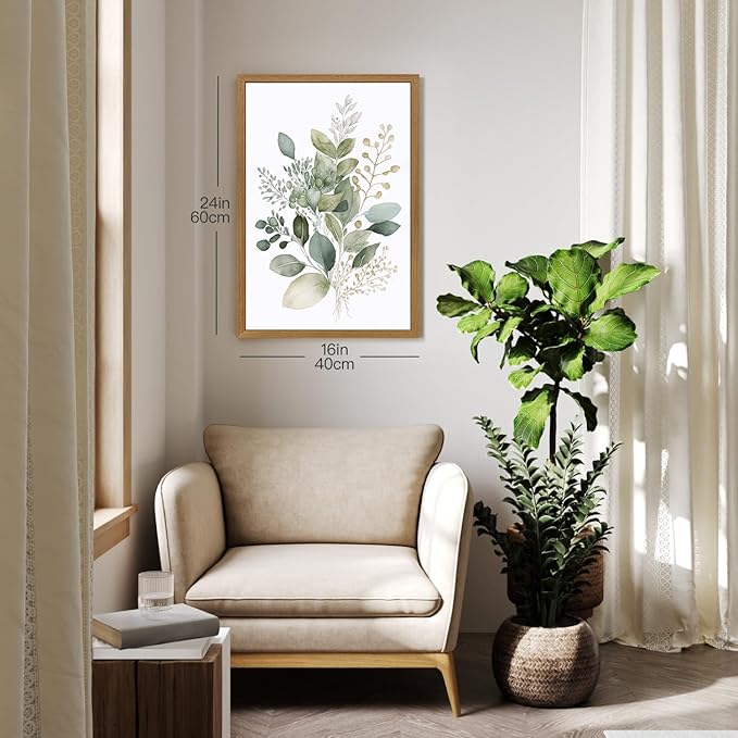 HLXRAE Watercolor Botanical Wall Art Set of 3, Neutral Sage Green Bathroom Wall Decor, Modern Floral Canvas Paintings, Minimalist Farmhouse Poster Prints for Bedroom Living Room Wood Framed 12x16 Inch