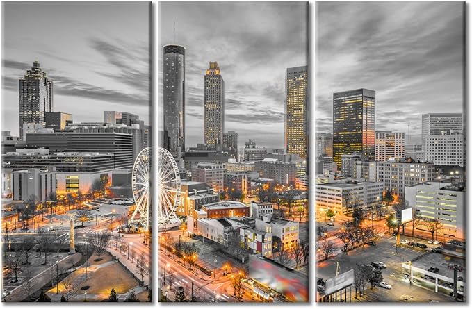TUMOVO 3 Piece Wall Decor American Cityscape Canvas Paintings for Bedroom, Bathroom, Office. Atlanta Skyscrapers City Skyline Artwork Black and White Wall Art Framed Ready to Hang (42" Wx28 H)