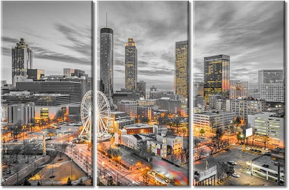 TUMOVO 3 Piece Wall Decor American Cityscape Canvas Paintings for Bedroom, Bathroom, Office. Atlanta Skyscrapers City Skyline Artwork Black and White Wall Art Framed Ready to Hang (42" Wx28 H)