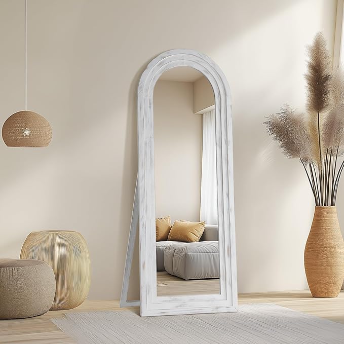 MELOMOIR Arched Full Length Mirror with Solid Wood Frame, 56"x21" Rustic Farmhouse Floor Mirror with Stand, Free Standing Leaning Hanging, for Bedroom Living Room Dressing Room, Weathering White