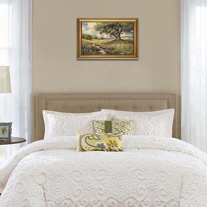 YD&YZY Gold Framed Vintage Wall Art Canvas Spring Country Landscape Wall Decor Wildflower Farmhouse Painting Rustic Nature Picture Cottagecore Print for Living Room Bedroom 16x24 inch Framed