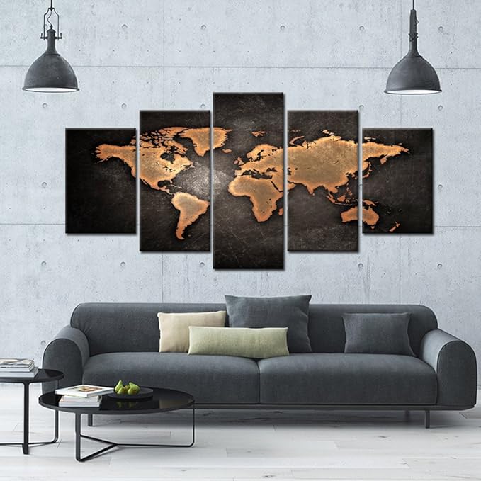 KREATIVE ARTS Retro World Map Poster Framed 5 Pcs Giclee Canvas Prints Vintage Abstract World Map Painting Printed on Canvas Ready to Hang for Living Room Office Decor Gift (XLARGE SIZE 79x40inch)