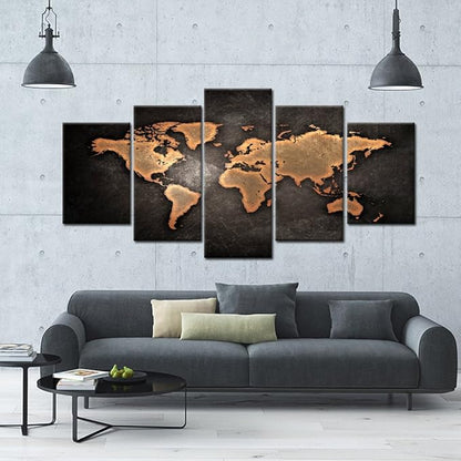 KREATIVE ARTS Retro World Map Poster Framed 5 Pcs Giclee Canvas Prints Vintage Abstract World Map Painting Printed on Canvas Ready to Hang for Living Room Office Decor Gift (XLARGE SIZE 79x40inch)
