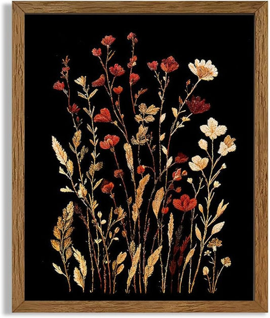 JLTULT Vintage Floral on Black Background Canvas Wall Art, Elegant Dark Wildflower Wall Decor, Botanical Painting Art Prints for Bedroom Bathroom Living Room Office 8x10 In Wood Framed Easy to Hang