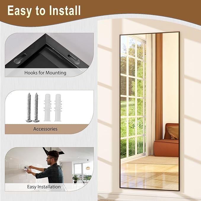 GLSLAND 64"x21" Full Length Mirror Full Body Mirror Freestanding Hanging or Leaning Rectangle Floor Mirror Aluminum Alloy for Bedroom Bathroom Living Room,Black