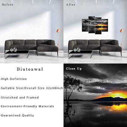 Biuteawal 4 Piece Black and White Wall Art Golden Sunset on Lake Picture Painting Lonely Tree Photo Print on Canvas Nature Landscape Poster Living Room Bedroom Decor Framed Ready to Hang