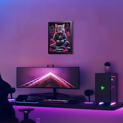 Framed Gamer Cat Canvas Wall Art, Kitten Playing Video Game Wall Decor, Cool Controller Neon Oil Painting, Boys Bedroom Gaming Room Canvas Print Poster 8x10 Inch