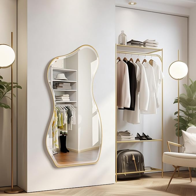 POZINO Irregular Beveled Mirror, 53"x25" Large Asymmetrical Aesthetic Wall Mirror with Gold Metal Frame, Premium Organic Shaped Mirrors for Living Room Bedroom Hallway Entryway, Leaning/Wall-Mount