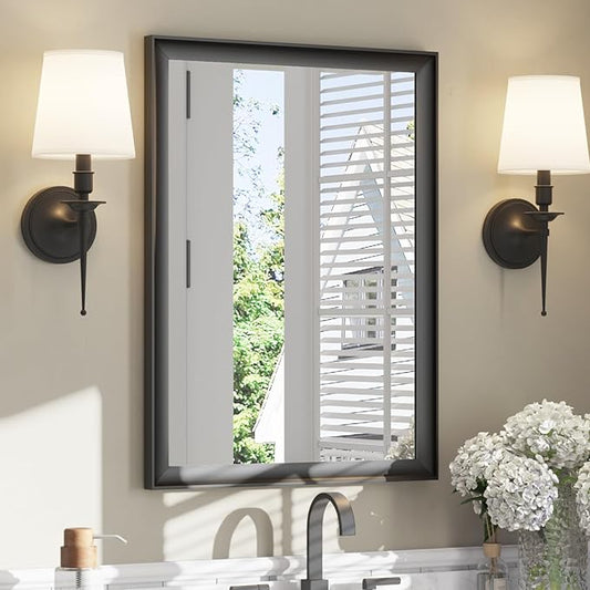 USHOWER Black Bathroom Mirrors for Over Sink 22x30 Inch, Metal Framed Rectangle Vanity Mirror for Wall, Bedroom, Living Room, Entryway, Farmhouse, Anti-Rust, HD Tempered Glass, Horizontal/Vertical