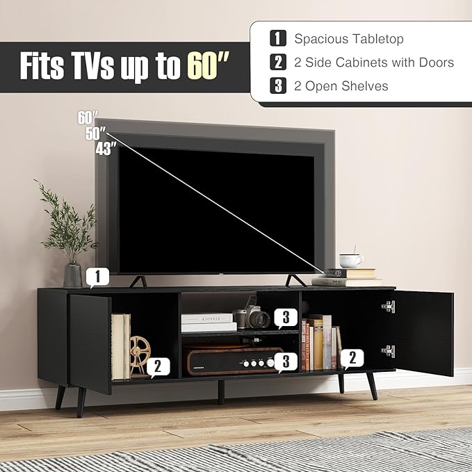 Tangkula TV Stand for 60" TVs, Entertainment Center w/Power Outlets, Mid Century Modern Media TV Console Table w/Adjustable Shelf, 2 Cabinets & Metal Support Legs for Living Room (Black)