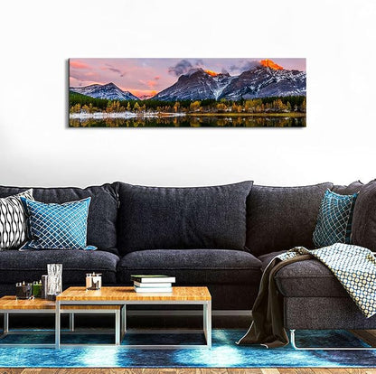 Sunset Landscape Canvas Wall Art for Living Room Wall Decor Snow Mountain Forest River Nature National Park Scenery Picture Prints Framed Artwork for Bedroom Bathroom Office Home Decoration 14x48"