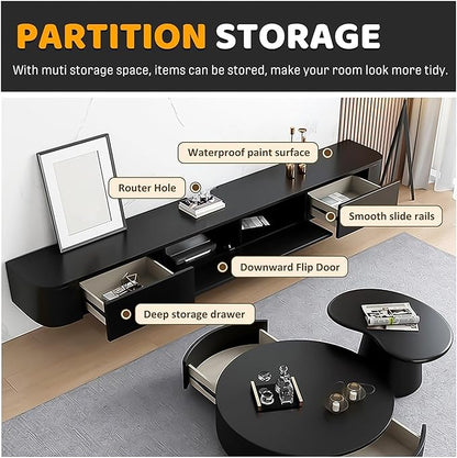 Modern Wall-Mounted Wooden TV Cabinet with Drawers & Doors, Cable Management, Stylish Media Console, Space-Saving Entertainment Center, White TV Stand (B, 220x24x20cm)