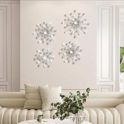 Funnymoom 4 Pcs Silver Starburst Wall Decor Metal Bling Wall Art Crystal Silver Sparkling Rhinestones Bling Decorative Hanging Diamond for Living Room Bedroom Home Office