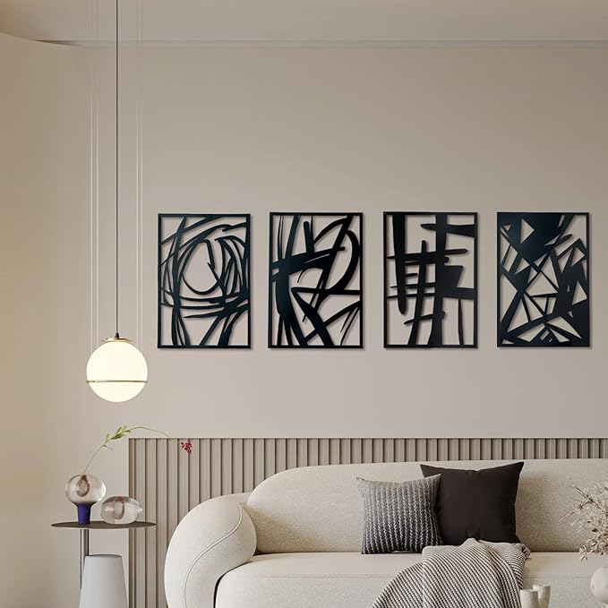 OYEFLY 4 Pack Abstract Metal Wall Art,Minimalist Art Decoration for Living Room Bedroom Bathroom Study (Black, 16 x 11inch)